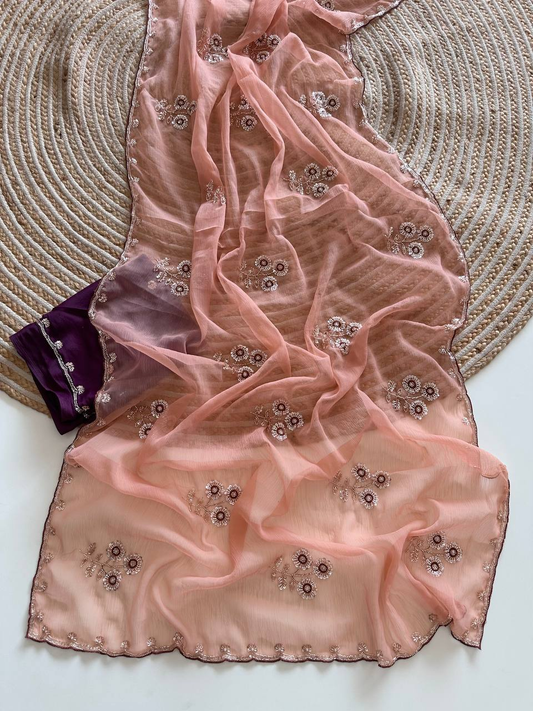 Peach Pure Soft Wari Chiffon Silk Saree with Sequence Cutdana Embroidery & Multi Border Aarco Work