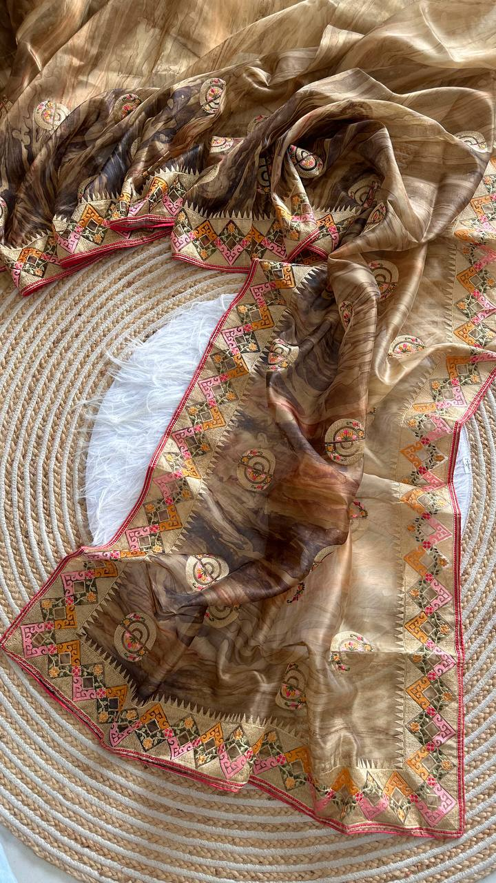 Peach Yellow Pure Soft Wari Chiffon Silk Saree with Sequence Cutdana Embroidery & Multi Border Aarco Work
