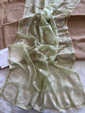 Green Tie-Dye Organza Silk Saree with Structure Print & Embroidery Thread Work Aztec Border