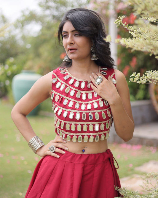 Traditional Maroon Roman Silk Navratri Wear Lehenga Choli
