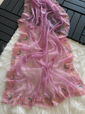 Brown Tie-Dye Organza Silk Saree with Structure Print & Embroidery Thread Work Aztec Border