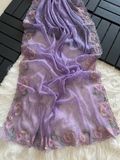 Mustard Tie-Dye Organza Silk Saree with Structure Print & Embroidery Thread Work Aztec Border