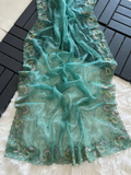 Peach Tie-Dye Organza Silk Saree with Structure Print & Embroidery Thread Work Aztec Border