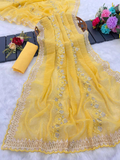 Yellow Crunchy Silk Saree - Designer Embroidered Sequins C-Pallu with Arco Cutwork Border
