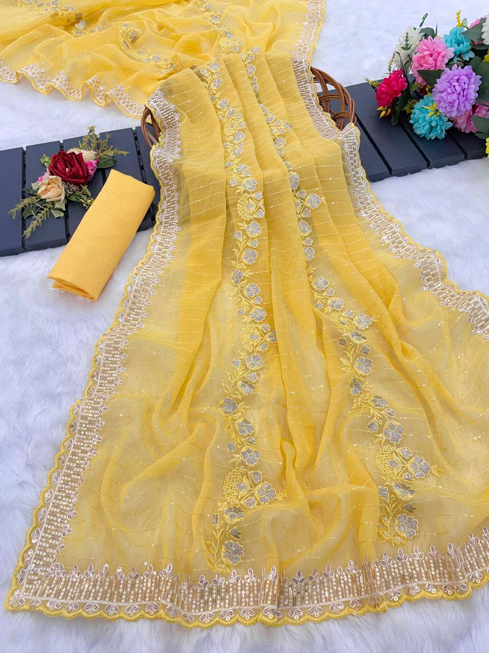 Yellow Crunchy Silk Saree - Designer Embroidered Sequins C-Pallu with Arco Cutwork Border