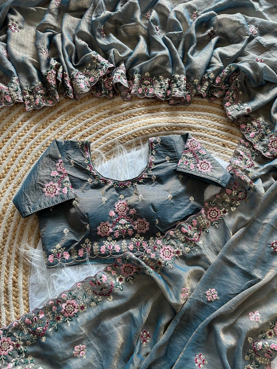 Grey Pure Organza Silk Saree with Fully Jardishi Border & Handwork Sequence Work