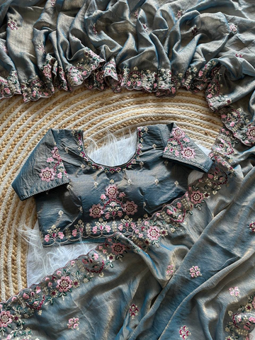 Grey Pure Organza Silk Saree with Fully Jardishi Border & Handwork Sequence Work