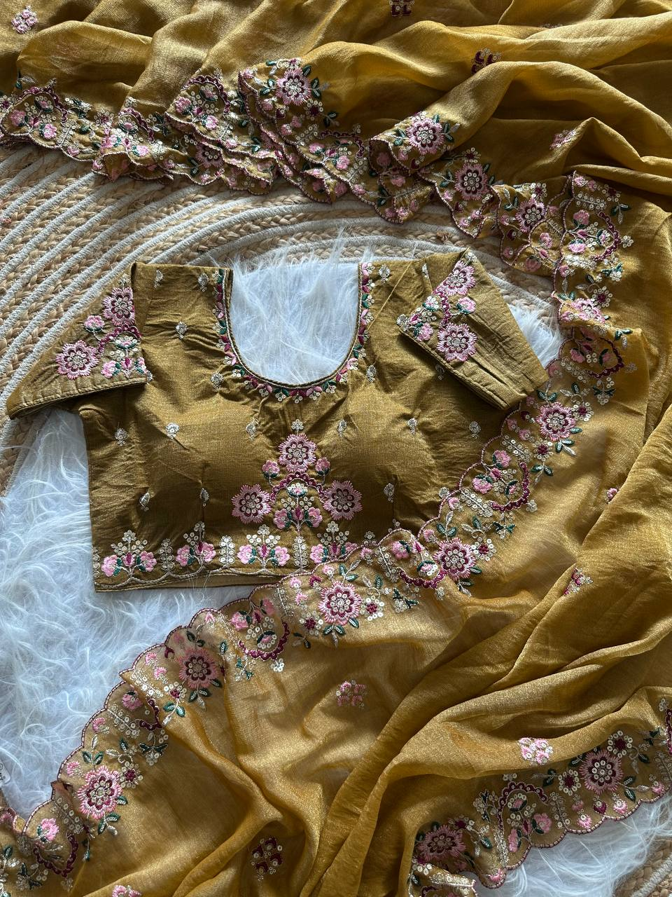 Green Pure Organza Silk Saree with Fully Jardishi Border & Handwork Sequence Work