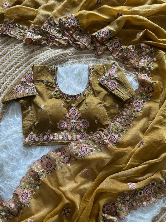 Mustard Gold Pure Soft Khadi Moss Silk Saree with Floral Sequence Embroidery & Double Line Aarco Border