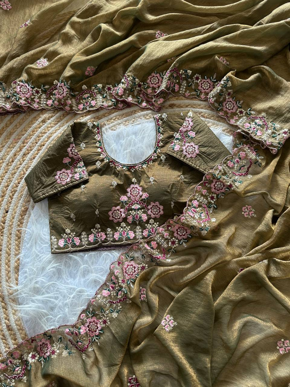 Pink Premium Organza Saree with Hand Gota & Viscose Dori Embroidery Work