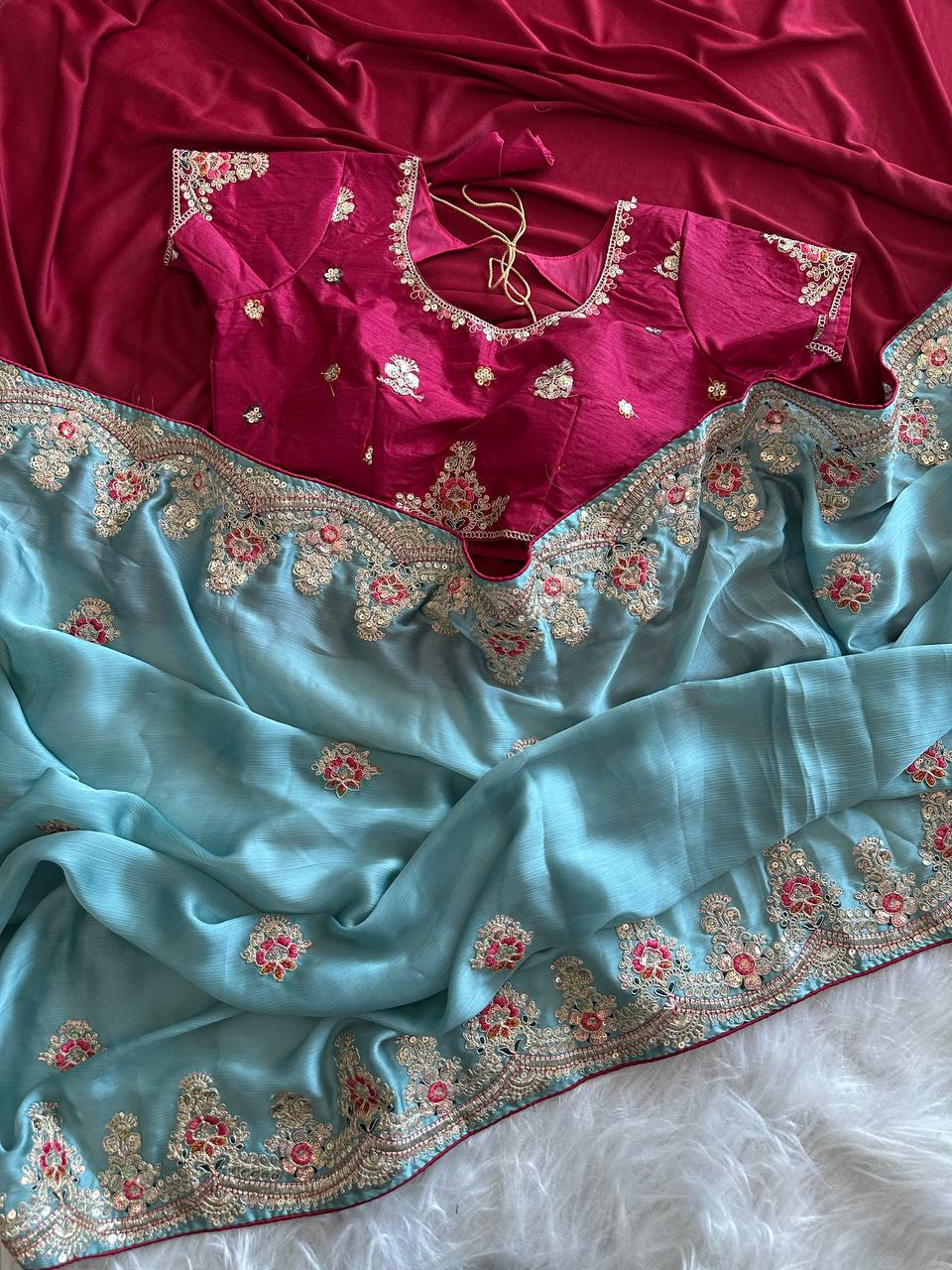 Mustard Gold Pure Soft Khadi Moss Silk Saree with Floral Sequence Embroidery & Double Line Aarco Border