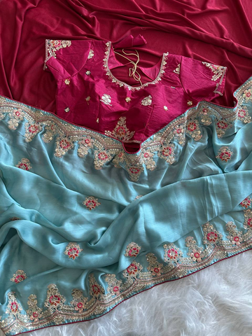 Mustard Gold Pure Soft Khadi Moss Silk Saree with Floral Sequence Embroidery & Double Line Aarco Border