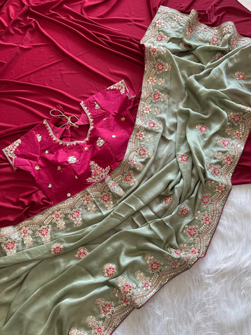Mauve Pure Soft Khadi Moss Silk Saree with Floral Sequence Embroidery & Double Line Aarco Border