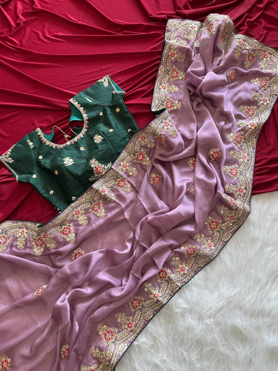 Olive Gold Pure Soft Khadi Moss Silk Saree with Floral Sequence Embroidery & Double Line Aarco Border