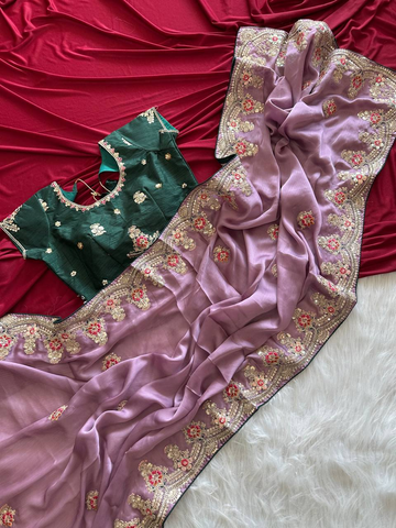 Olive Gold Pure Soft Khadi Moss Silk Saree with Floral Sequence Embroidery & Double Line Aarco Border