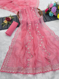 Pink Crunchy Silk Saree - Designer Embroidered Sequins C-Pallu with Arco Cutwork Border