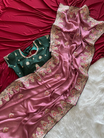Copper Rose Pure Soft Khadi Moss Silk Saree with Floral Sequence Embroidery & Double Line Aarco Border