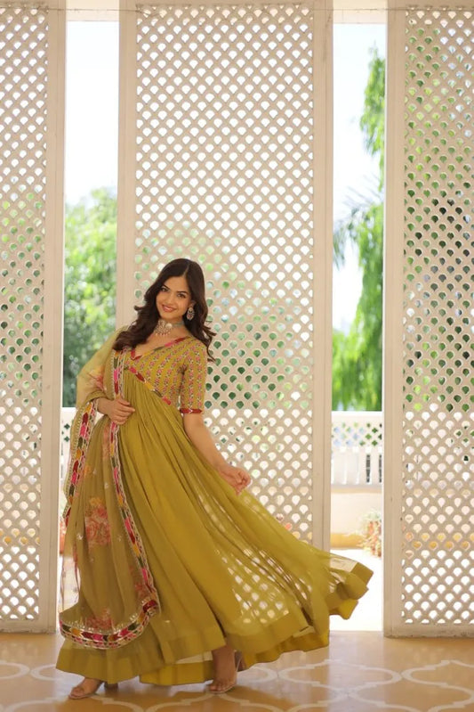 Pista Green Alia Cut Anarkali Gown for Women with Dupatta