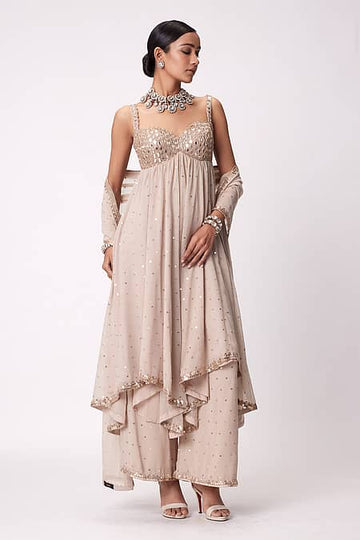 Beige Georgette Mirrors Anarkali Palazzo Suit Sets