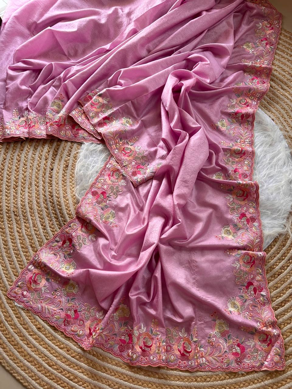 Mauve Purple Rich Nylon Fandy Silk Saree with Heavy Golden Codding Dori & Sequins Embroidery