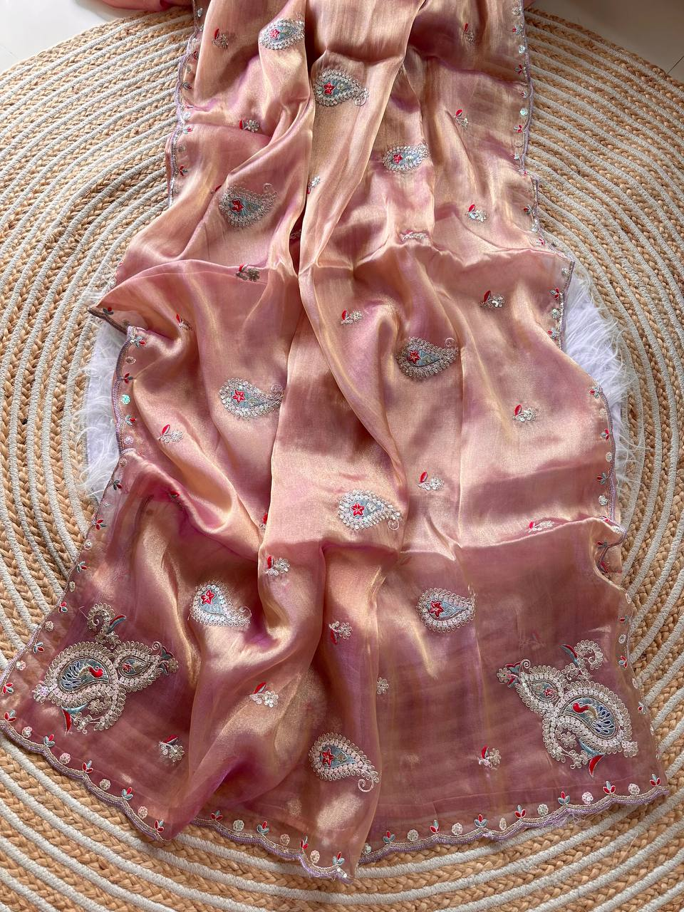 Dusty Rose Rich Nylon Fandy Silk Saree with Heavy Golden Codding Dori & Sequins Embroidery