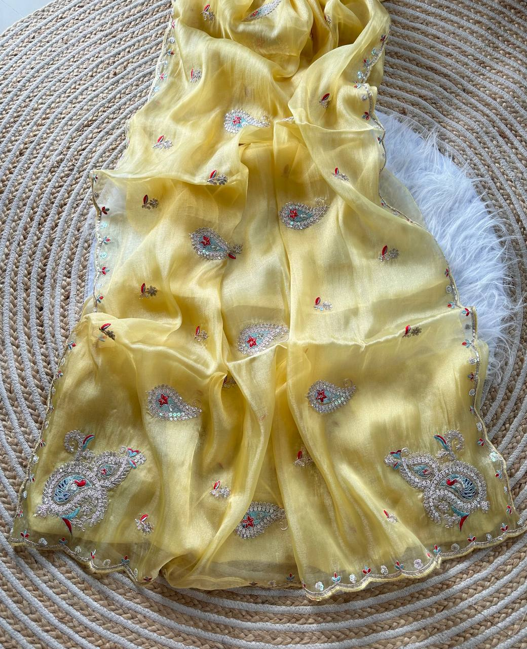 White Gulbano Pure Silky Crush Saree with Multicolor Viscose Embroidery & Italian Jarkhan Diamonds