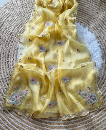White Gulbano Pure Silky Crush Saree with Multicolor Viscose Embroidery & Italian Jarkhan Diamonds