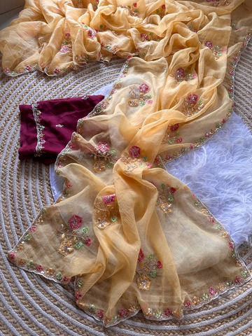 Pink Gulbano Pure Silky Crush Saree with Multicolor Viscose Embroidery & Italian Jarkhan Diamonds