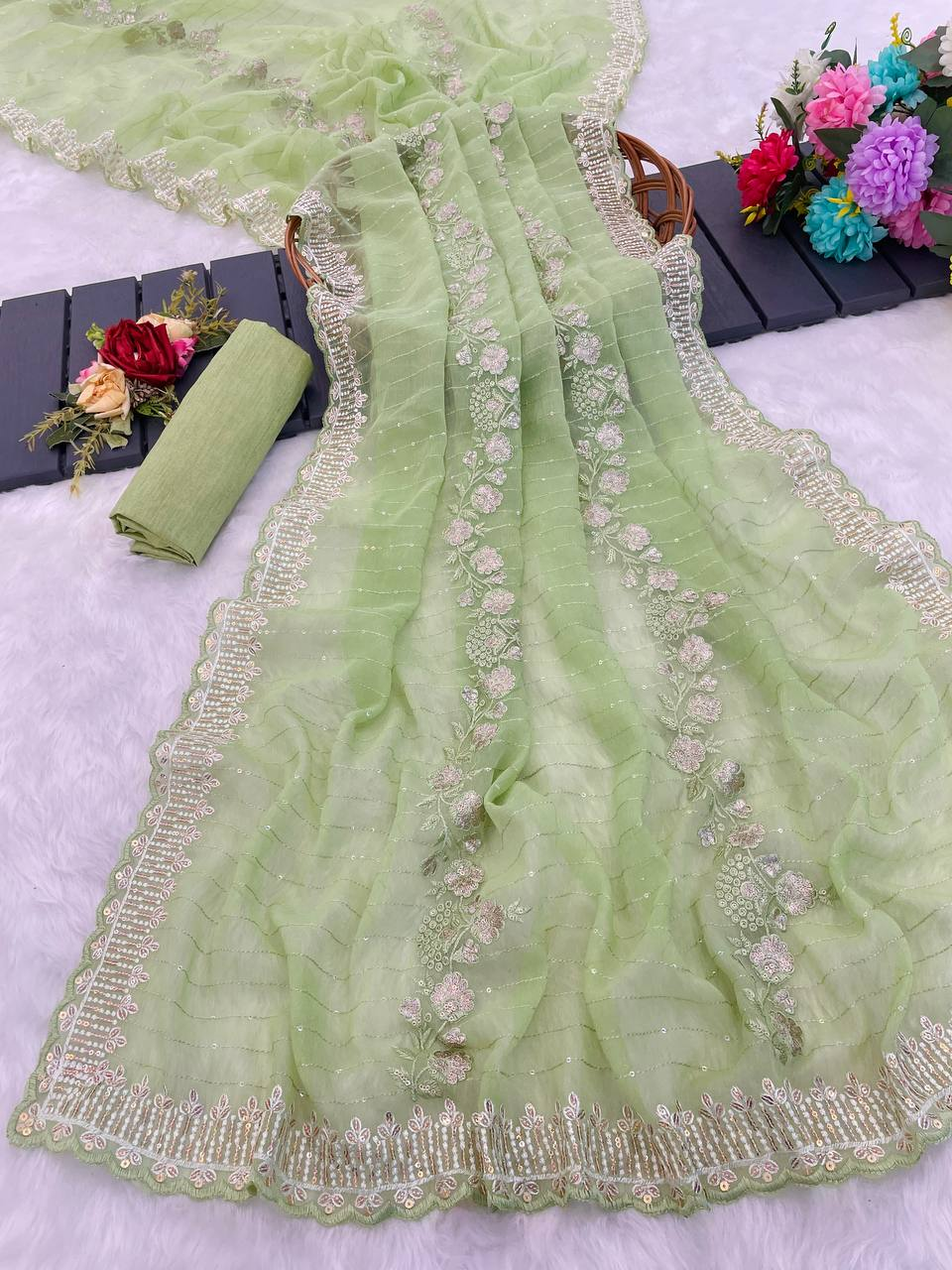 Pista Green Crunchy Silk Saree - Designer Embroidered Sequins C-Pallu with Arco Cutwork Border