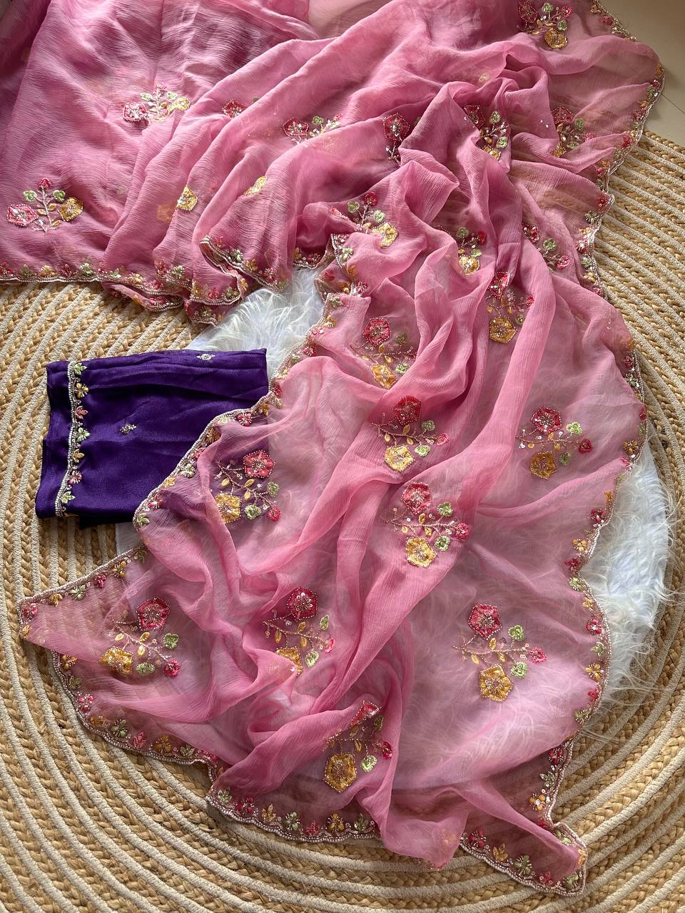 Dusty Peach Super Soft Simmer Tissue Saree with Codding Sequins Embroidery & Peacock Paisley Butta