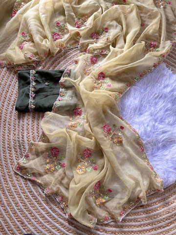 Coral Pink Super Soft Simmer Tissue Saree with Codding Sequins Embroidery & Peacock Paisley Butta