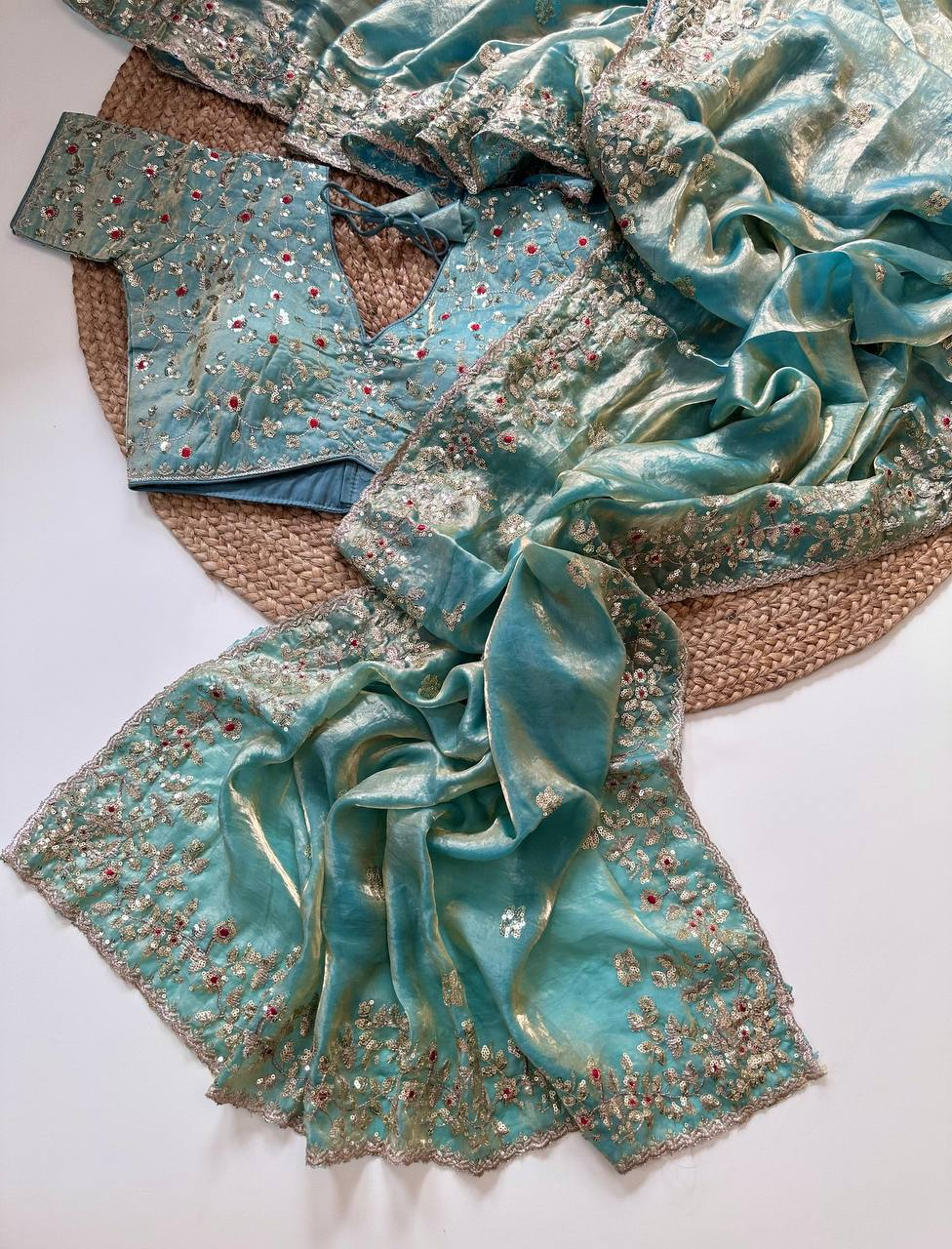 Golden Sand Pure Soft Wari Chiffon Silk Saree with Floral Sequence Cutdana Embroidery & Multi Border Aarco Work