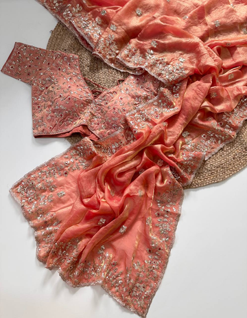 Rose Pink Pure Soft Wari Chiffon Silk Saree with Floral Sequence Cutdana Embroidery & Multi Border Aarco Work