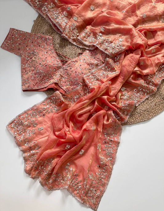 Coral Peach Pure Soft Fandy Satin Silk Saree with All-Over Floral Sequence Embroidery & Multi Border Aarco Work