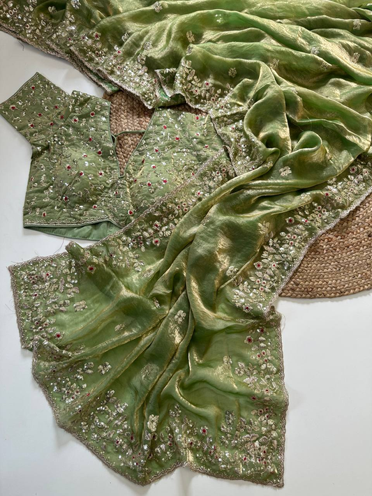 Mehendi Green Pure Soft Fandy Satin Silk Saree with All-Over Floral Sequence Embroidery & Multi Border Aarco Work