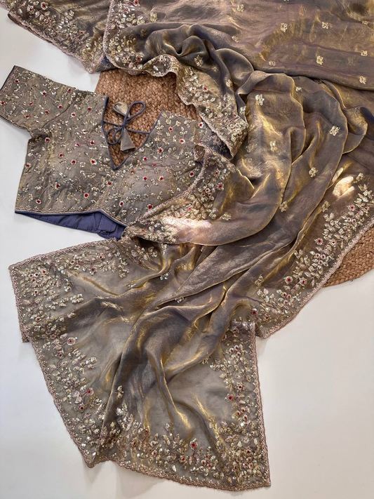 Ash Grey Pure Soft Fandy Satin Silk Saree with All-Over Floral Sequence Embroidery & Multi Border Aarco Work