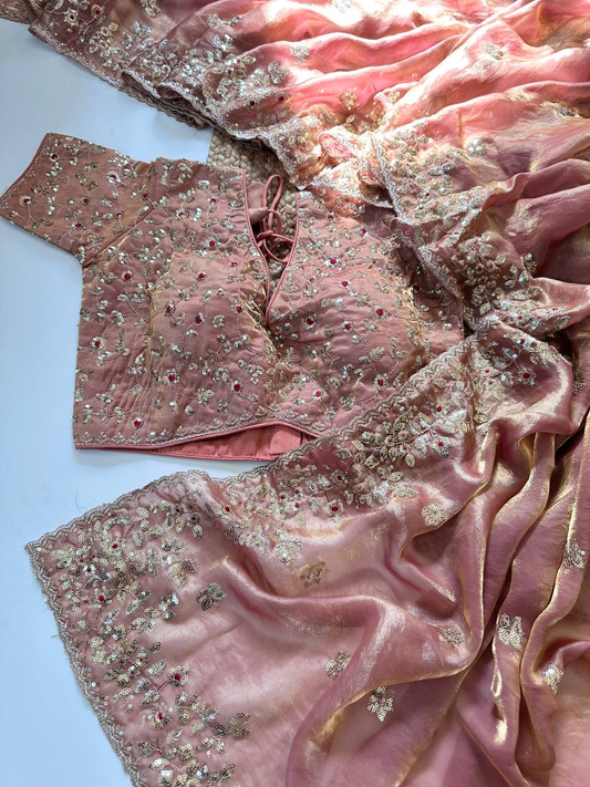 Blush Pink Pure Soft Fandy Satin Silk Saree with All-Over Floral Sequence Embroidery & Multi Border Aarco Work