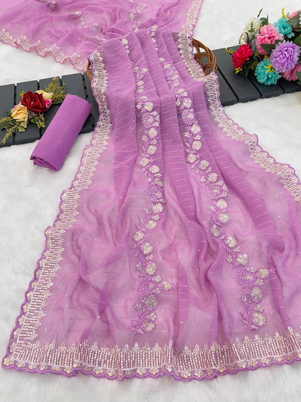 Lavender Crunchy Silk Saree - Designer Embroidered Sequins C-Pallu with Arco Cutwork Border
