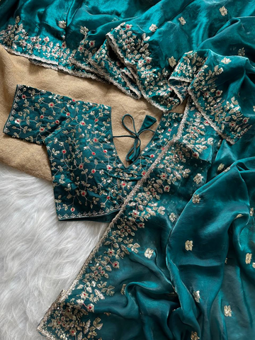 Ash Grey Pure Soft Fandy Satin Silk Saree with All-Over Floral Sequence Embroidery & Multi Border Aarco Work