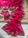 Rani Pink Pure Soft Fandy Satin Silk Saree with All-Over Floral Sequence Embroidery & Multi Border Aarco Work