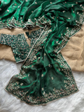 Bottle Green Pure Soft Fandy Satin Silk Saree with All-Over Floral Sequence Embroidery & Multi Border Aarco Work