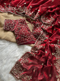 Red Pure Soft Fandy Satin Silk Saree with All-Over Floral Sequence Embroidery & Multi Border Aarco Work