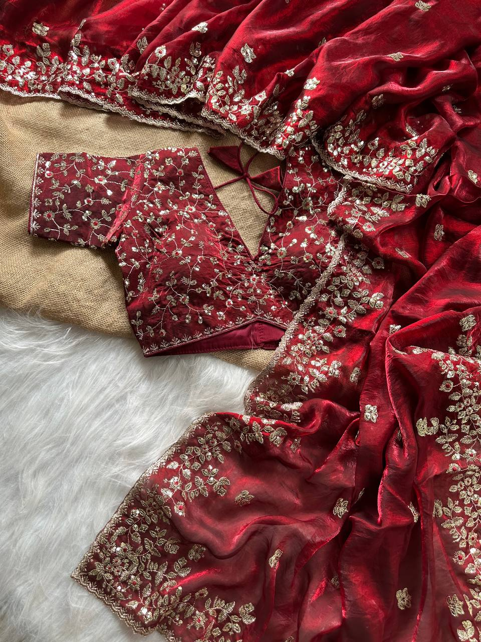 Red Pure Soft Fandy Satin Silk Saree with All-Over Floral Sequence Embroidery & Multi Border Aarco Work