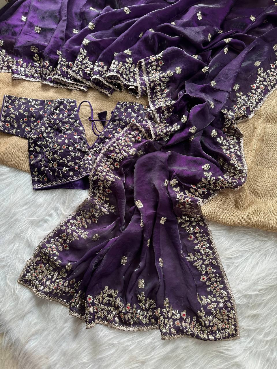 Deep Purple Pure Soft Fandy Satin Silk Saree with All-Over Floral Sequence Embroidery & Multi Border Aarco Work