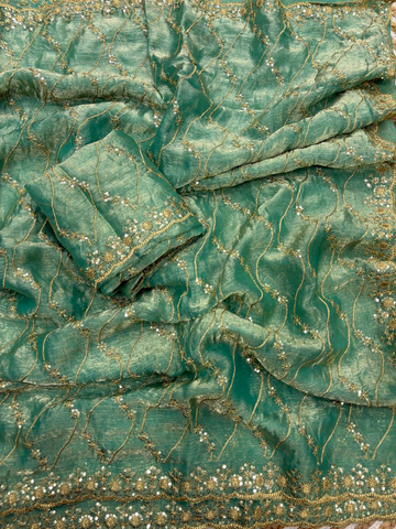 Sea Green Fancy Chiffon Saree with Golden Zari & 3mm Sequence Work
