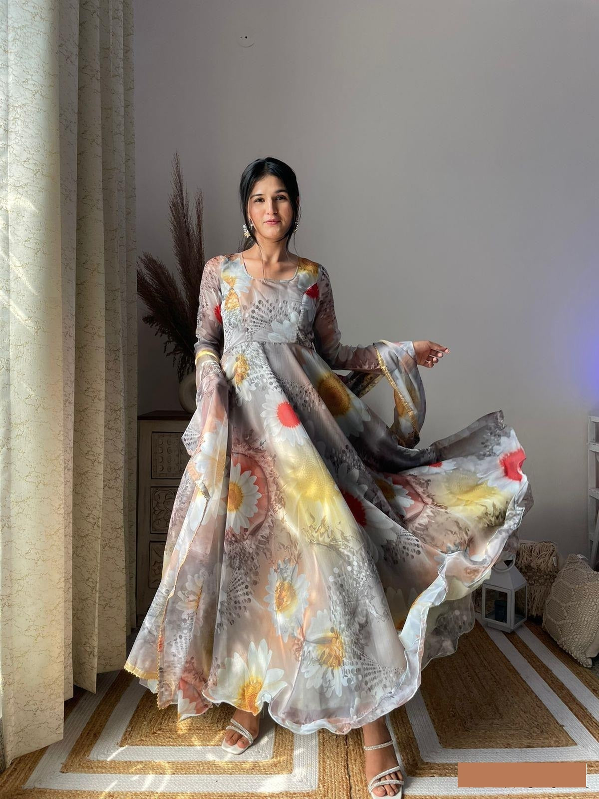 Grey Daisy Floral Digital Printed Pure Organza Anarkali Gown