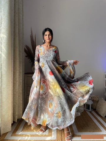 Grey Daisy Floral Digital Printed Pure Organza Anarkali Gown