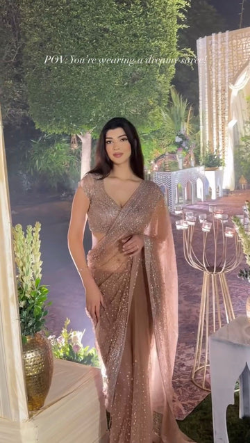 Golden Net Sequins Embroidered Party Wear Saree with Designer Blouse