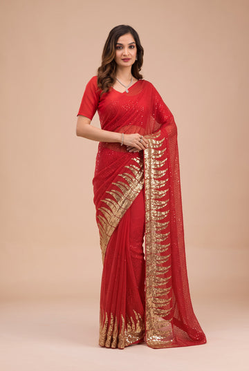Bollywood Designer Red Georgette Saree with Heavy Gold Sequin Feather Border