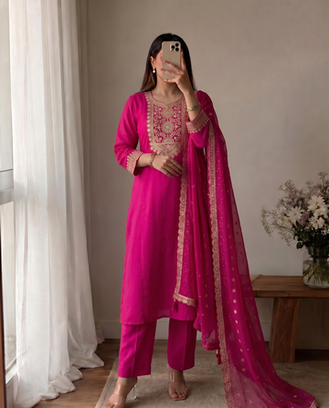 Rani Pink Cotton A-Line Kurta Set for Women